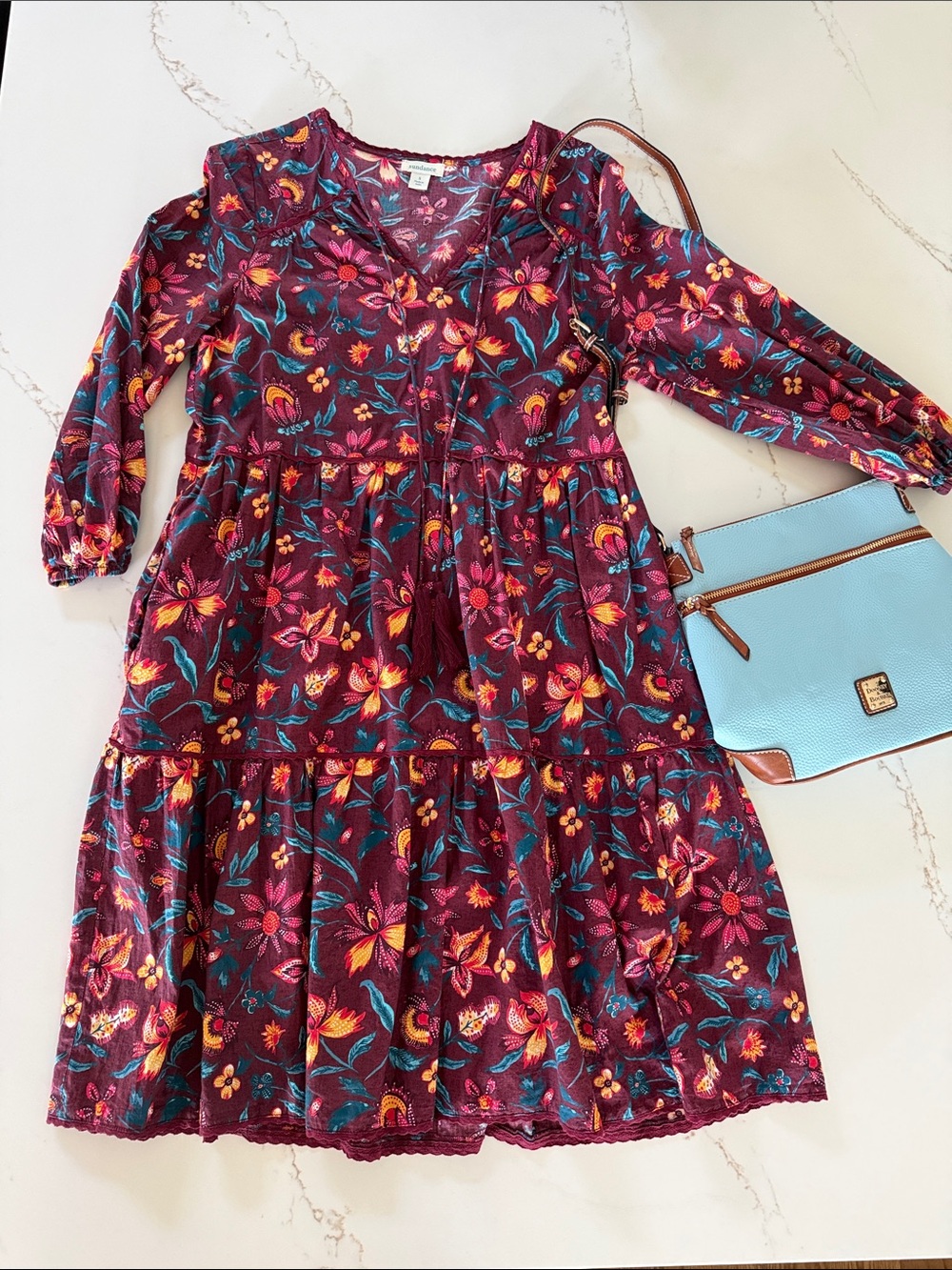 Sundance Maroon Floral Tiered Midi Dress with Teal & Mustard Accents